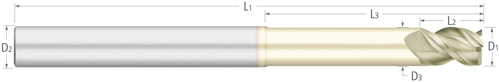 Carbide-Aluminum-3 Flute-Square-45° Helix-Long Reach