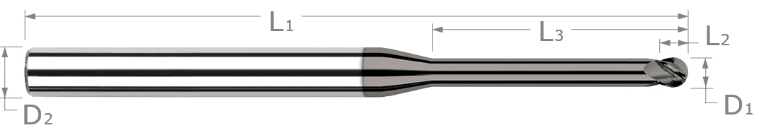 Diamond End Mills for Non-Ferrous Materials-CVD Diamond-Ball-Long Reach, Stub Flute