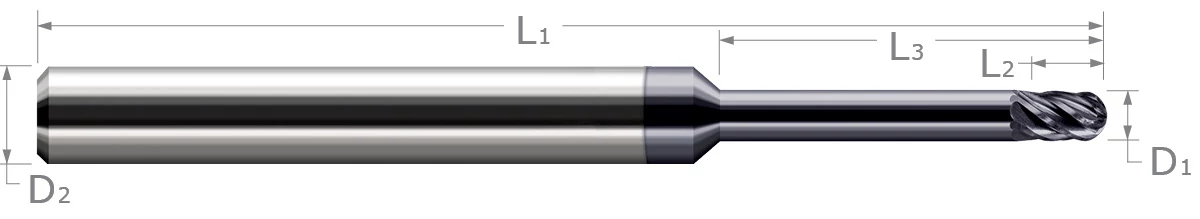End Mills for Hardened Steels-Ball-For Steels Up to 55 Rc-Long Reach, Stub Flute