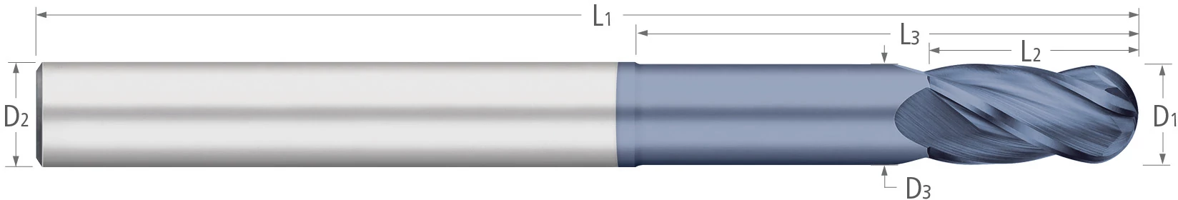 Carbide-4 Flute-Ball-30° Helix-Long Reach