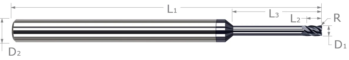 End Mills for Hardened Steels-Corner Radius-For Steels Up to 55 Rc-Long Reach, Stub Flute