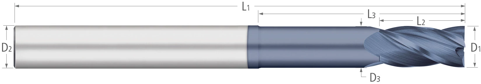 Carbide-4 Flute-Square-30° Helix-Long Reach