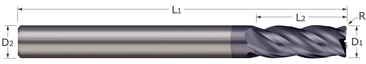 End Mills for Steels & High Temp Alloys-Corner Radius-4 Flute-Variable Helix
