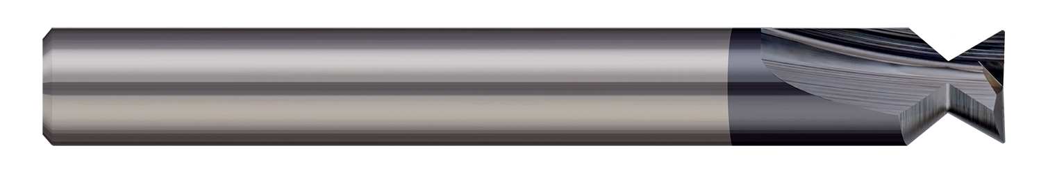 0.0550" (1.4 mm) Cutter DIA x 0.0150" (1/64) Radius x 48° included Carbide Dovetail Cutter without Drop Hole Allowance, 2 Flutes, AlTiN Coated